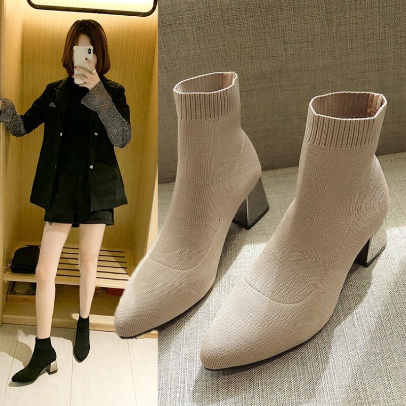 Vrouwen Schoenen Martin Laarzen Hoge Hak Stretch Stof Enkellaarsjes Voor Vrouwen Mode Wees Sok Schoenen Zapatos De mujer
