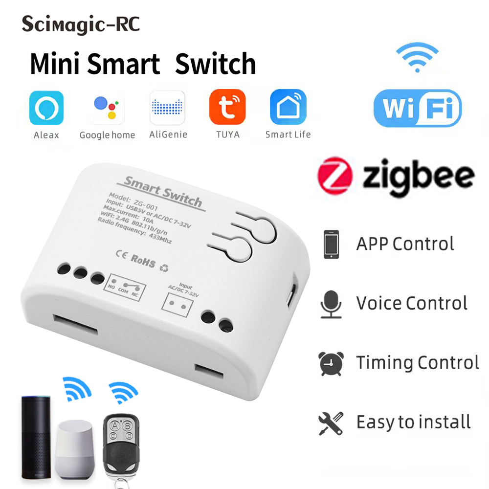 Zigbee Smart Relaismodule Schakelaar 1CH 12V 24V 220V 110V RF433 Draadloze APP Afstandsbediening Werken met Tuya/Smart-Life APP Alexa