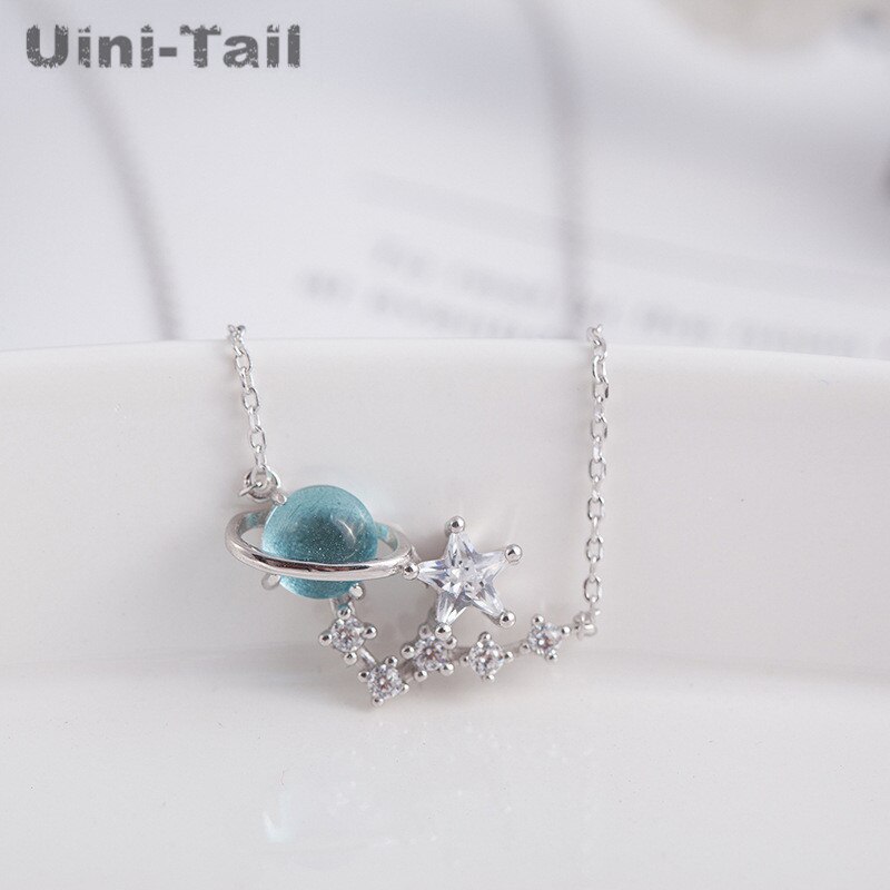 Uini-Tail 925 sterling silver small fresh blue fantasy planet necklace universe aurora planet trend sweet ED198: Rhodium Plated