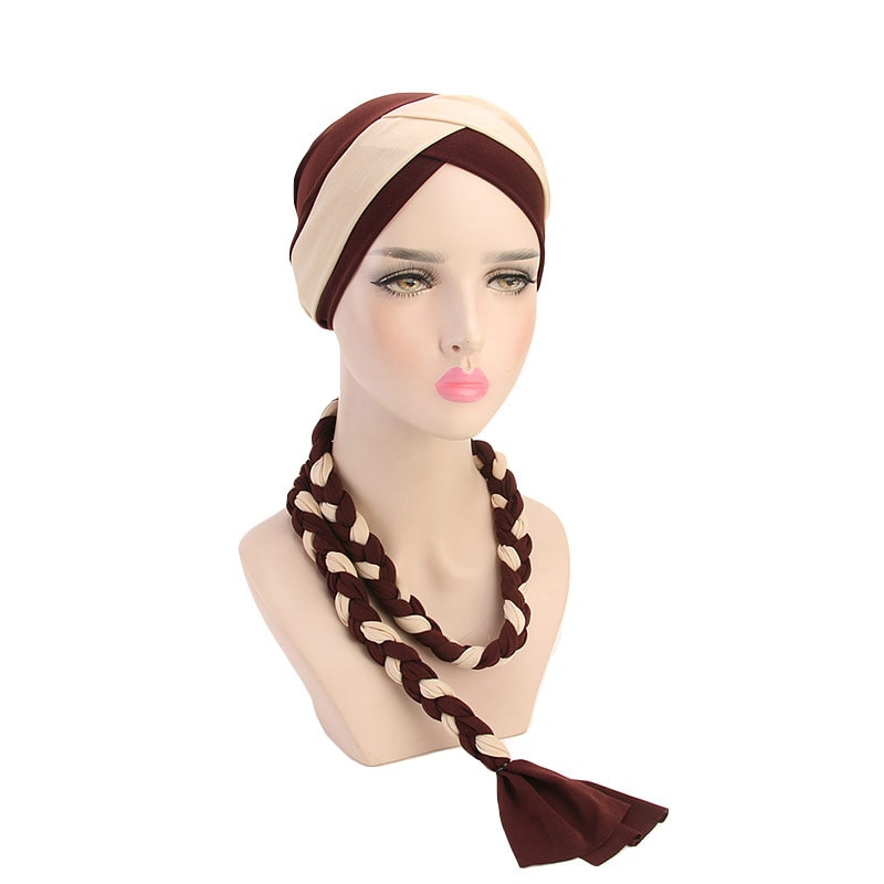 Musulman Double couleur tresses Stretch Turban à volants cheveux chapeaux Beanie Bandanas foulard Turban chapeaux pour les femmes 08