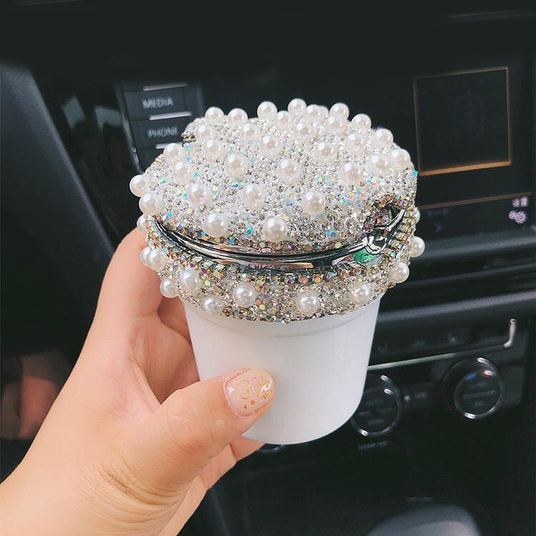 Strass Draagbare Auto Asbak met Led Licht Kristal Diamant Auto Ash Tray Asbak Opslag Bekerhouder voor Meisjes Auto Accessoires: pearl white