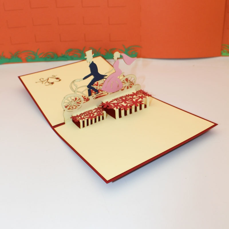3D Handmade Carving Cycling Bride and Groom Paper Invitation Greeting Cards Wedding Engagement Valentine's Day