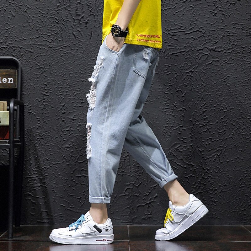 Pantalones vaqueros de para hombre, pantalones de estilo coreano Harajuku con agujero roto, holgados de talla grande, Harem, ropa,