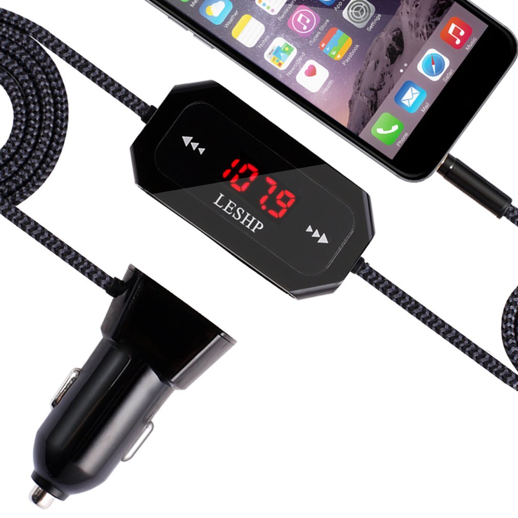 LESHP Wireless FM Transmitter Radio Car Kit for Smart Phones bundle with 3.5mm Audio Plug and Car Charger