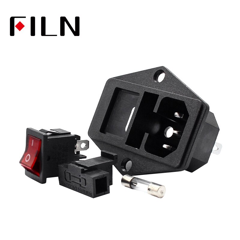 3 Pin iec320 C14 inlet connector plug power socket 250v rocker switch socket red lamp 10A fuse holder socket male connector