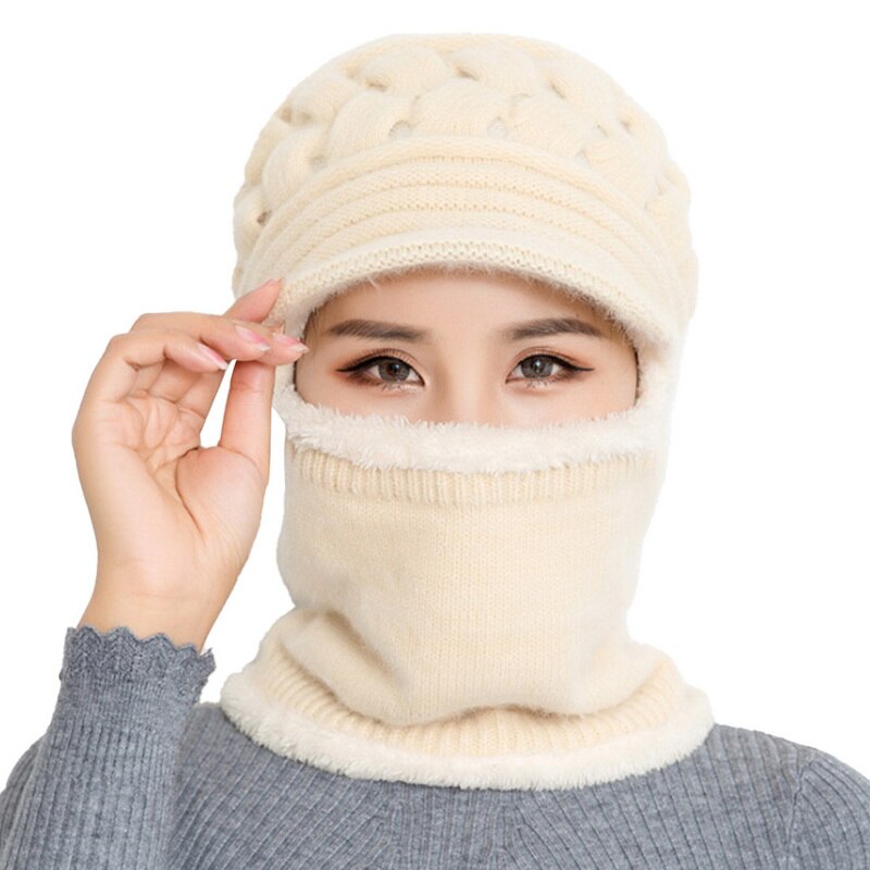 Damer vinter varm uld hat med tyk hagesmækmaske og høreværn hat kvindelig varm strikket uld hætte støvtætte cykel hatte: E778925