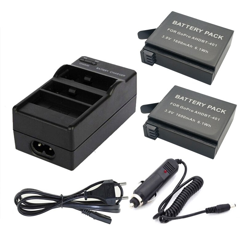 2*  ahdbt -401 ahdbt 401 accu + eu kabel + autolader voor gopro 4 hero 4 accu's gopro hero 4 bateria action camera