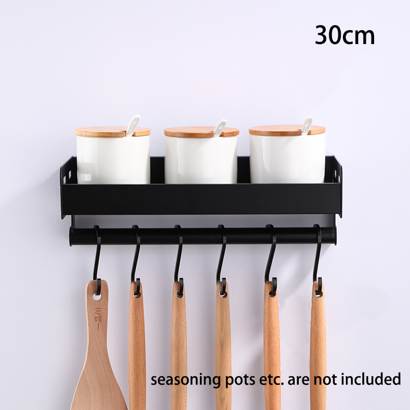 Crochet de rangement pour épices, étagère de cuisine, étagère murale, crochet de rangement pour ustensiles en aluminium, accessoires d&#39;organisation à domicile: Black30cm with hooks