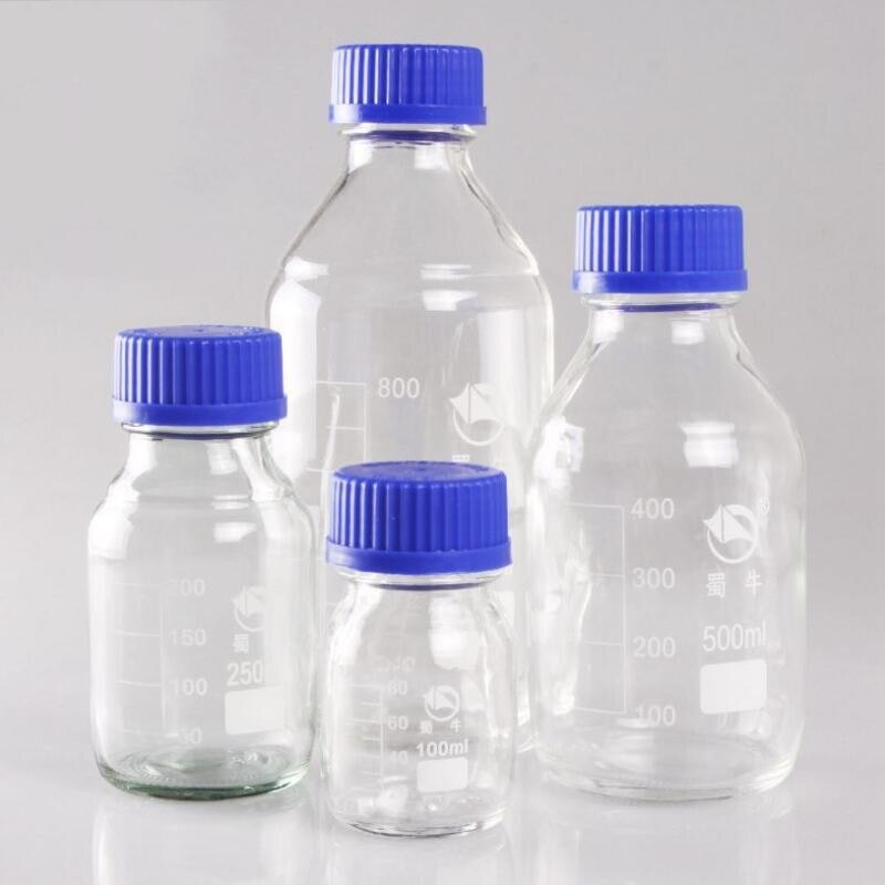250ml Graduated Round Glass Reagent Bottle Blue Screw Cap Screw On Cover Graduation Sample Vials Plastic Lid