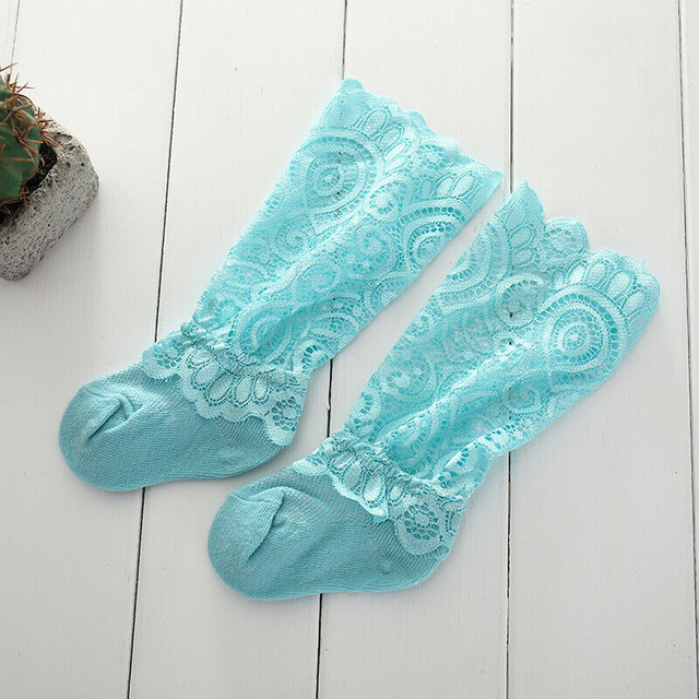 freundlicher Kleinkind freundlicher Baby Mädchen Strumpf Nette Spitze Einfarbig Patchwork Knie Hohe Krause Socken 0-3Y Neueste modisch: Blau / 0-6 M