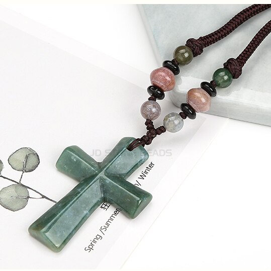 Natural Stone Cross Necklace Hand-woven Rope for Women and Girls Long Sweater Chain Jewelry: Multi