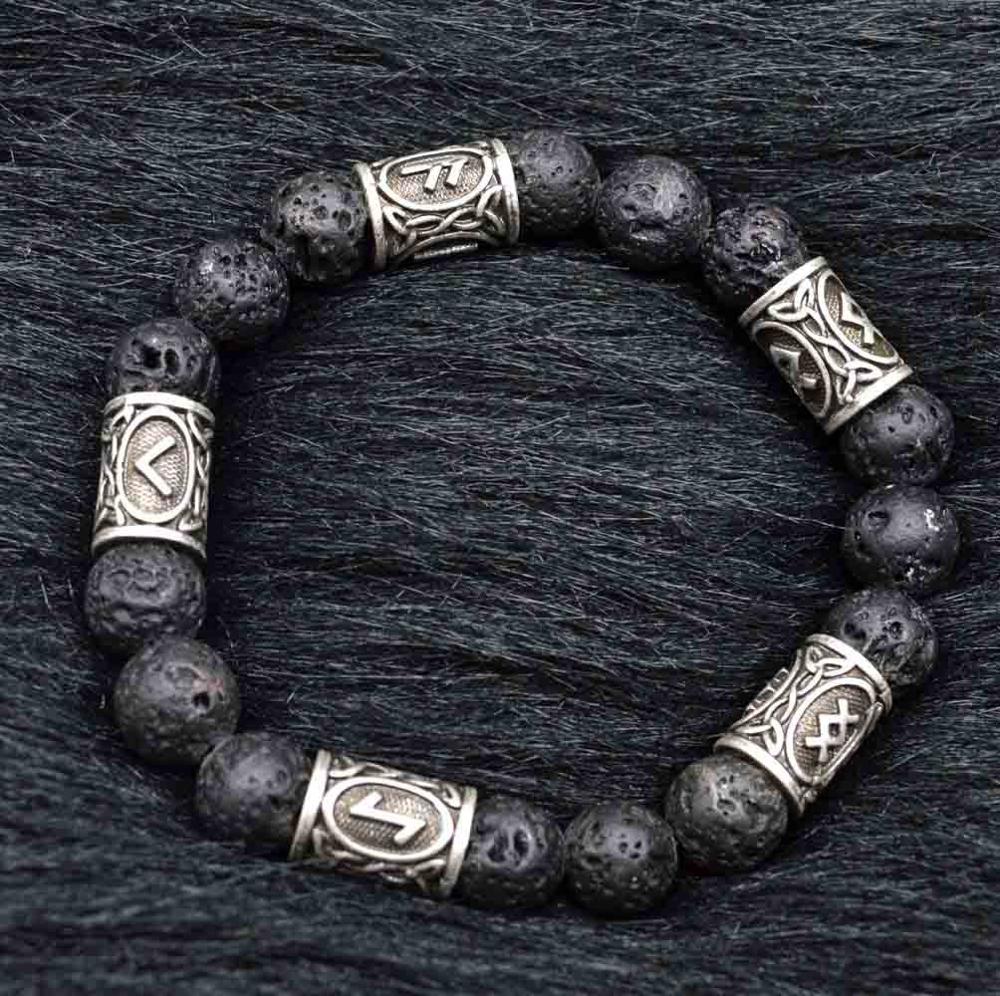 Retro Lava stone Beads Viking rune Alloy Bracelet For Men Women Bangle Jewelry: SILVER