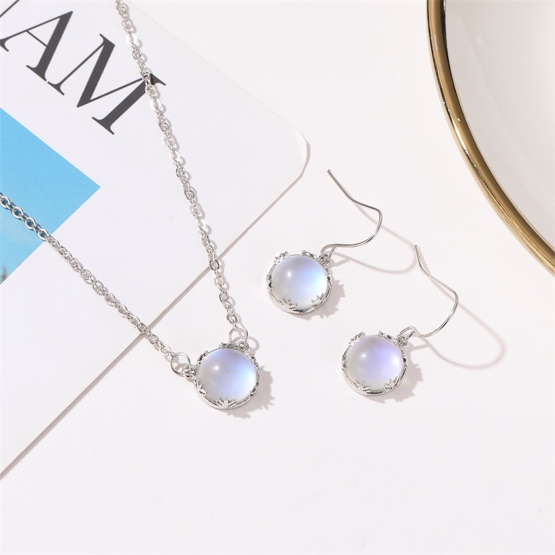 Girl Noble Jewelry Sets Wedding Silver Color Earrings Blue gradient moonstone Jewelry Set Women Necklace Bijoux collier brincos