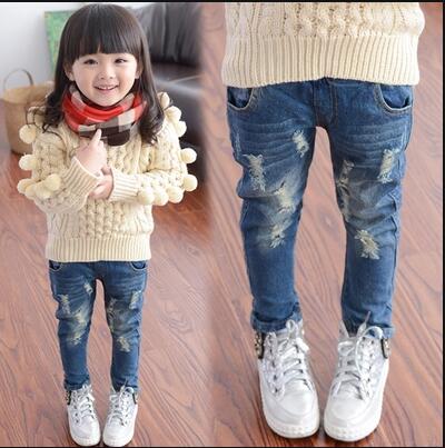 spring children's clothes slim solid holes denim blue baby girls boys jeans for girls boys kids casual jeans long trousers