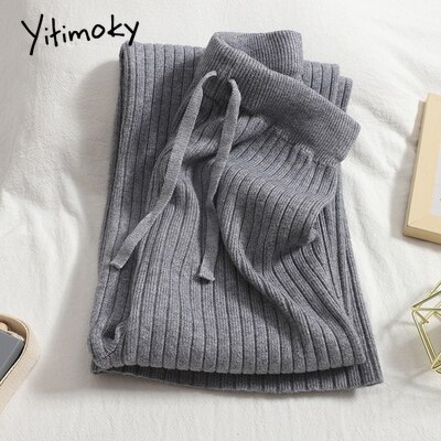 Yitimoky Knitted Wide Leg Pants for Women Streetwear Clothes Joggers Baggies Drawstring Sweatpants Work Bottoms Pants Ulzzang: Gray