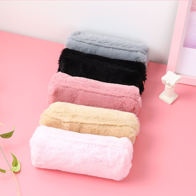 Estuche para lápices Kawaii, estuche de pelo bonito Color rosa, estuche para lápiz de Color sólido para niñas, estuche para lápices, Papelería, Material Escolar encantador