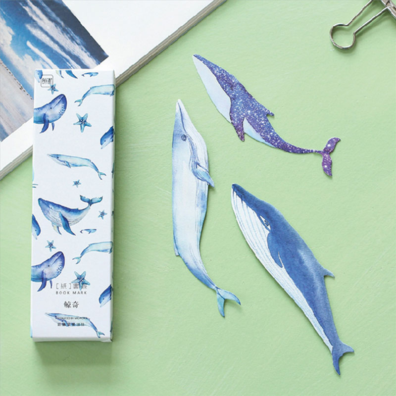 30 unids/caja kawaii ballena pez papel marcapáginas coreano lindo marcapáginas libro titular mensaje tarjeta útiles escolares papelería
