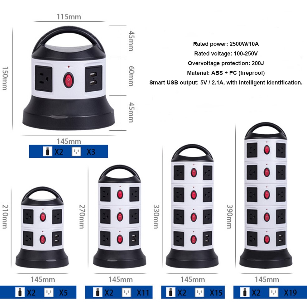 Verticale Power Strip Surge Protector Meerdere US Plug Socket 3/7/11/15/19 Universele Outlets met USB Schakelaar 3 m Verlengsnoer