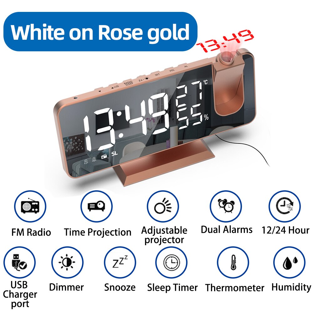 Reloj Despertador Digital con Proyección LED, Dispositivo Electrónico para Mesilla de Noche del Dormitorio con Radio FM y Proyector de Tiempo: White on Rose Gold A