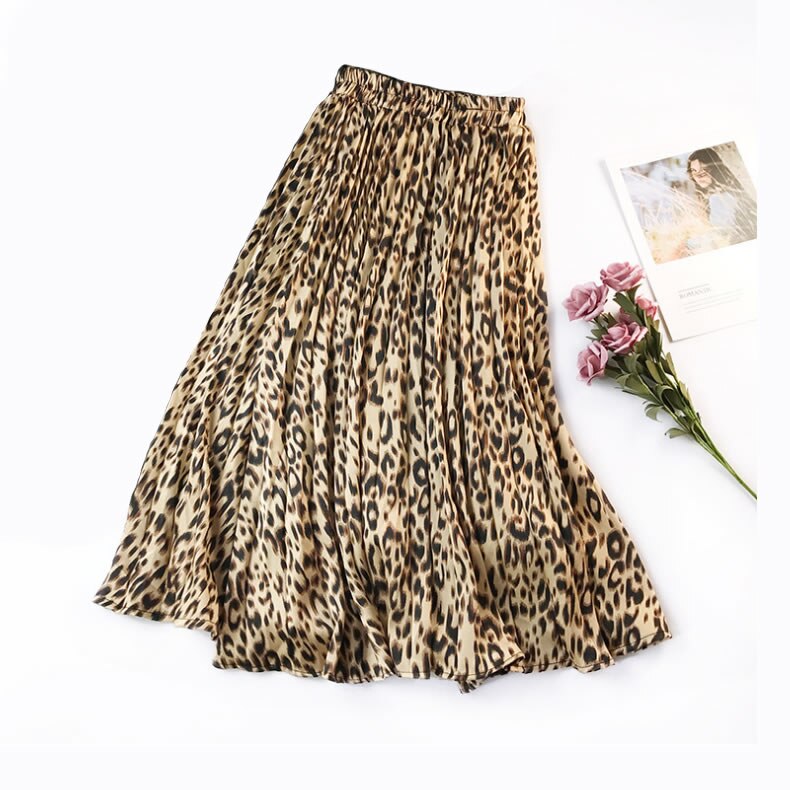 Qooth sommar höst kvinnor lång leopardkjol elastisk midja chiffong veckade kjolar casual maxi beach tryckt kjol  df650