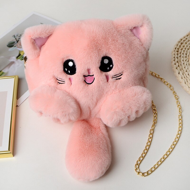 Women Plush Hairy Bag Female Cute Chain Shoulder Messenger Bag Girl Doll Cat Bear Head Bag: 16