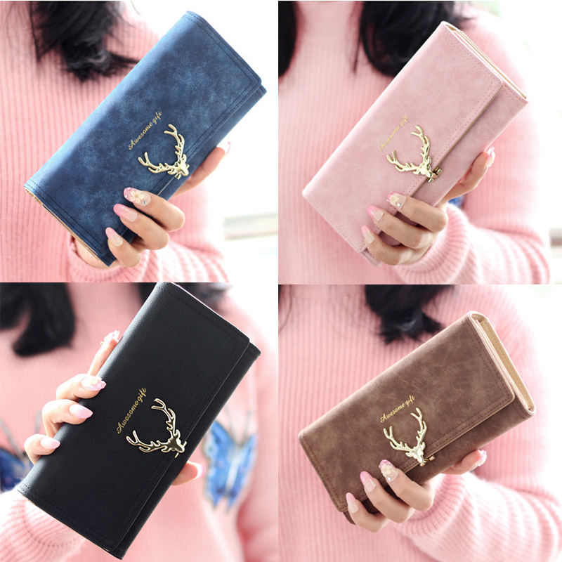 Hjorte dame lang pung frisk pu læder mønt pung dame kortholder multifunktion kvinde mini telefon clutch taske