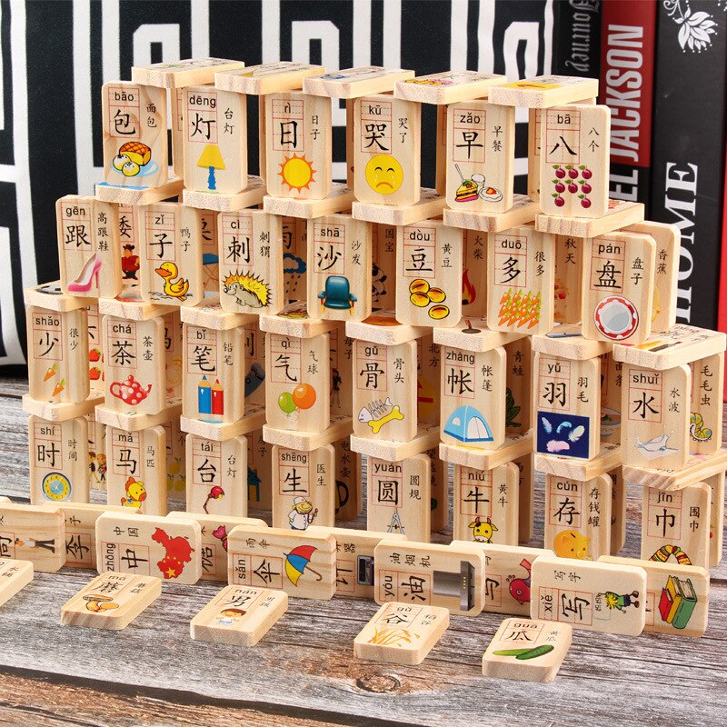 Dobbeltsidet cirkulær perle kinesiske tegn domino træ system tidlige barndom pædagogisk legetøj børn intelligens kognitiv: Dobbeltsidede kinesiske tegn domino