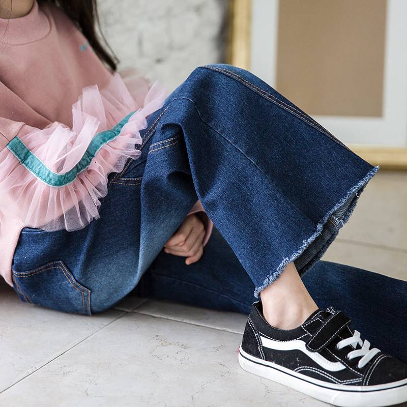 Spring Children Wide-Leg Jeans Pants Kids Girls Broad Leg Casual Denim Leggings Teens Girls Elastic Boot Cut Trousers Q70