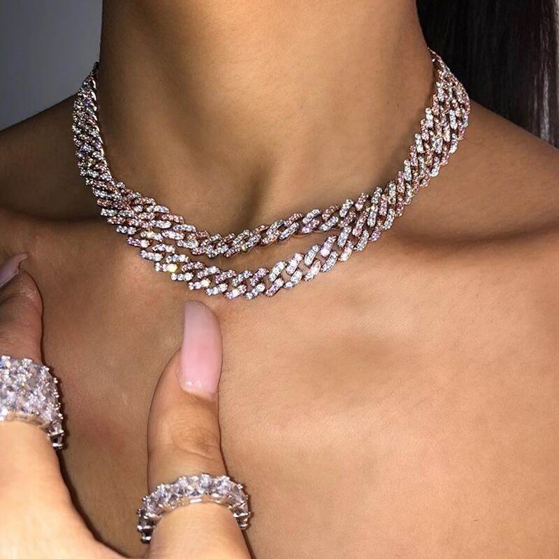 9mm iced out bling cz Miami cuban link chain Two tone With White &Pink cz choker necklace silver color women jewelry