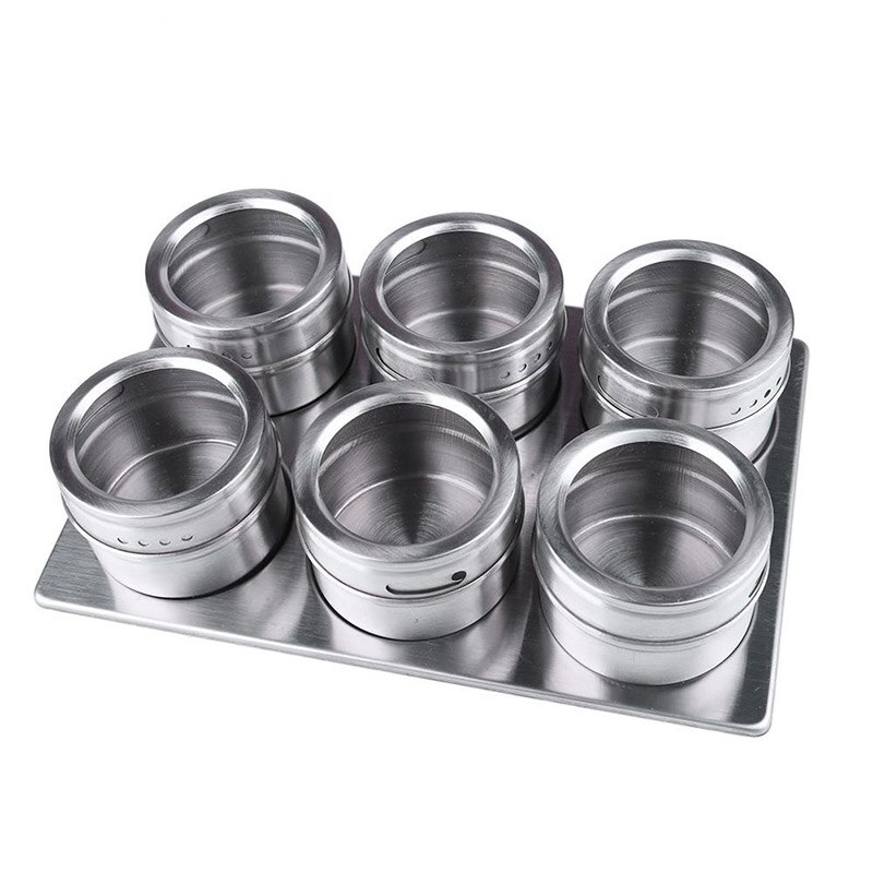 Latas de acero inoxidable para especias, tarros magnéticos para especias, estante montado en la pared, contenedores de especias, 6 uds.: 6pcs with rack