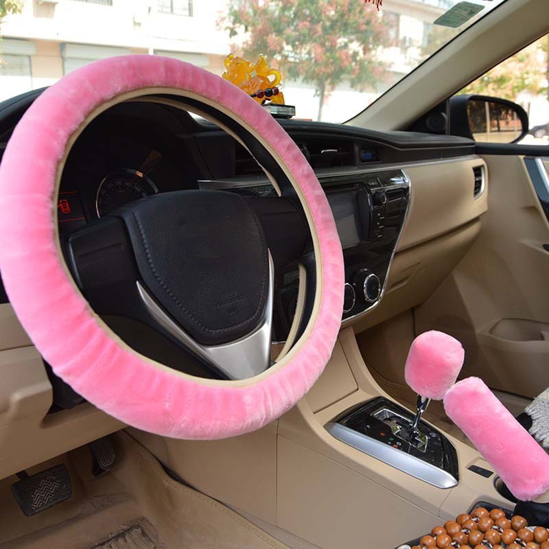 Bil ratdæksel gearskifte håndbremse dæksel beskytter dekoration varm super tyk plys krave blød sort pink kvinder mand