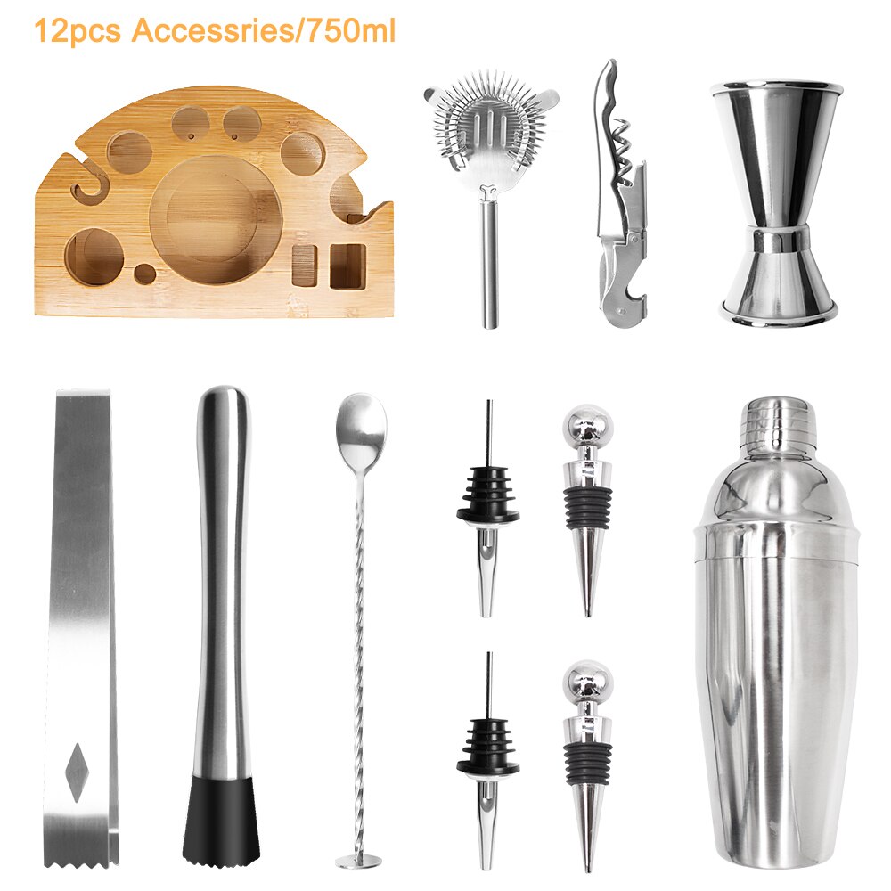 Juego de coctelería de acero inoxidable, mezclador de vino de 750ML con Base giratoria de bambú, herramientas de Bar, accesorios de , 12 Uds.: 12pcs-750ml
