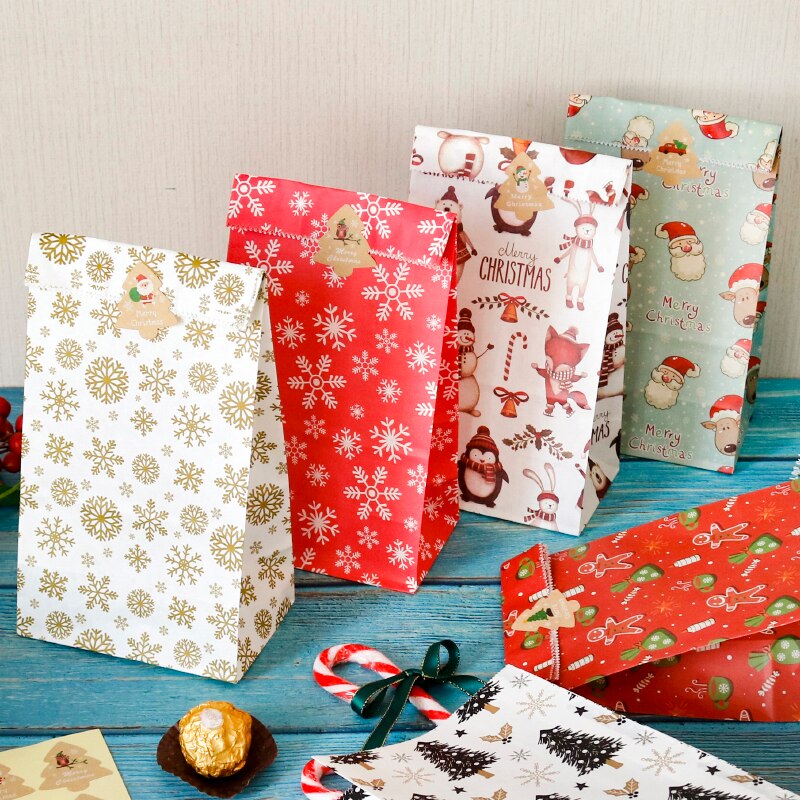 5/6 sæt julekraftpose snefnug julemanden xmas festindretning papirpose diy papirvarer konvolut med klistermærker