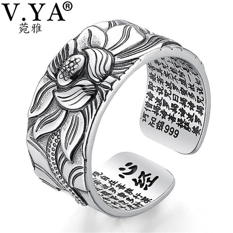 V. Ya 100% Echt 999 Pure Zilveren Sieraden Lotus Bloem Open Ring Voor Mannen Mannelijke Mode Gratis Grootte Boeddhistische Hart Sutra ringen