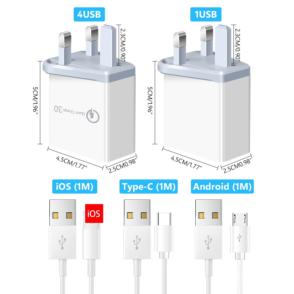 5V 2.4/3A Uk Plug 1/4 Usb-poort Adapter Mobiele Telefoon Lader Apparaat Quick Lading Qc 3.0 mobiele Telefoon Oplader Fast Charger