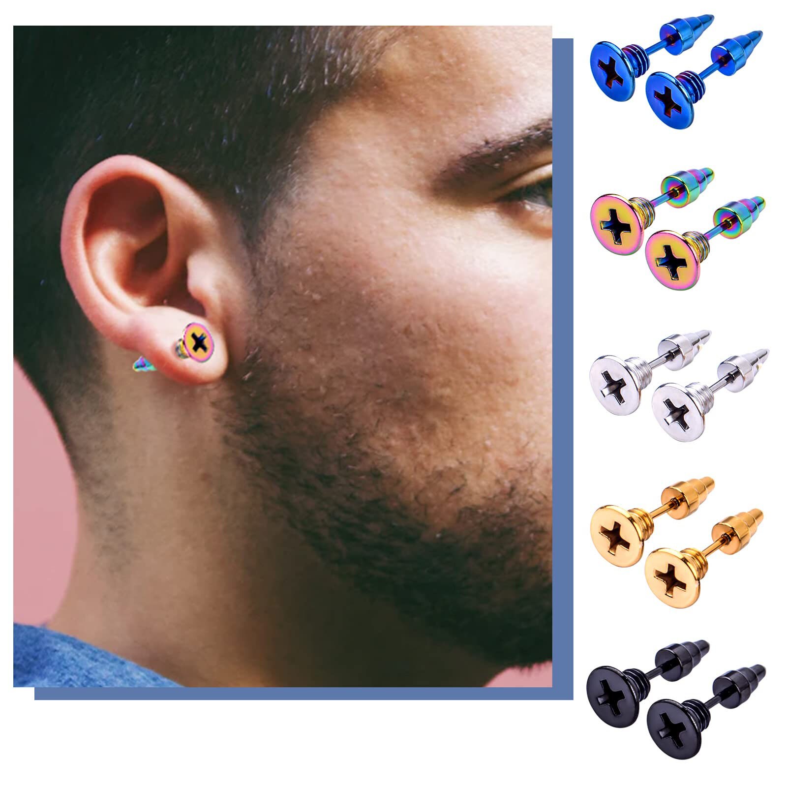 5 Pairs Punk Men &amp; Women Stud Earring Anti Allergic Stainless Steel Body Piercing Whole Screw Stud Earrings Funny jewelry