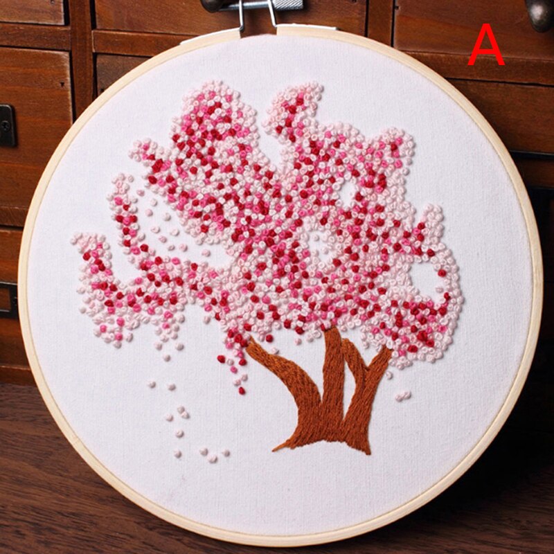 DIY Embroidery Plants Cherry Tree Handwork Needlework for Beginner Cross Stitch Kit Ribbon Painting Embroidery Hoop Home Decor