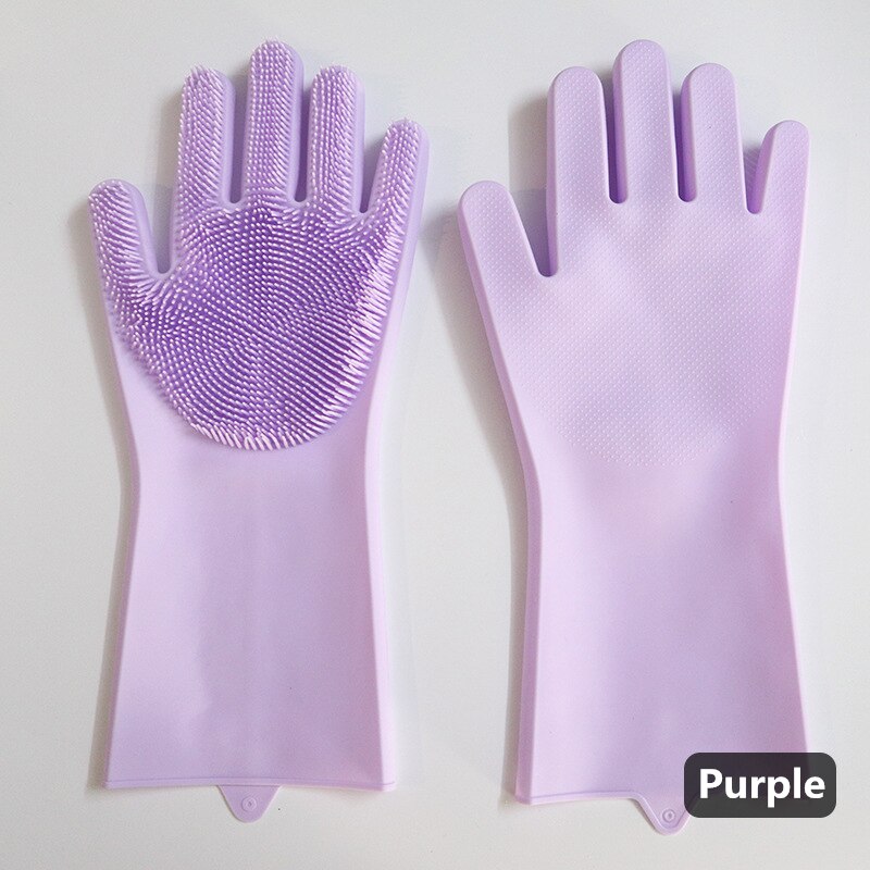1Pair Dishwashing Cleaning Gloves Silicone Rubber Sponge Glove Household Scrubber Kitchen Clean Tools Kitchen: Purple