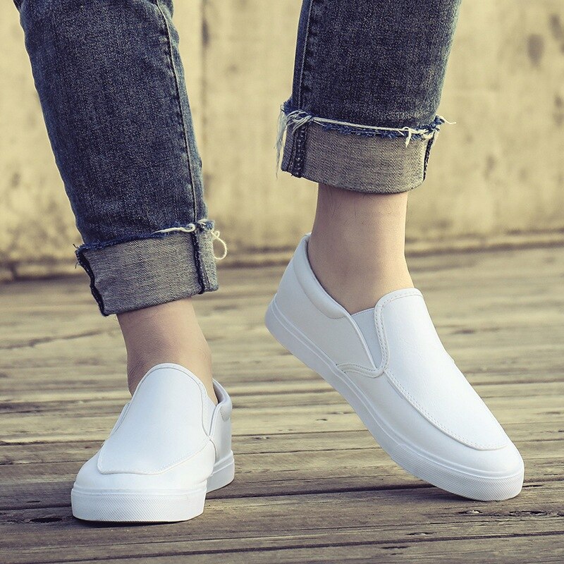 Män loafers mjukt läder herrskor slip-on platta loafers casual manliga svarta vita skor  a1187