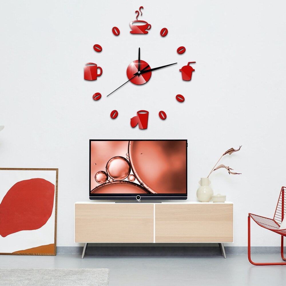 Reloj de pared silencioso para cocina, pegatinas de pared con efecto espejo acrílico, decoración moderna de cuarzo, granos de café, bricolaje