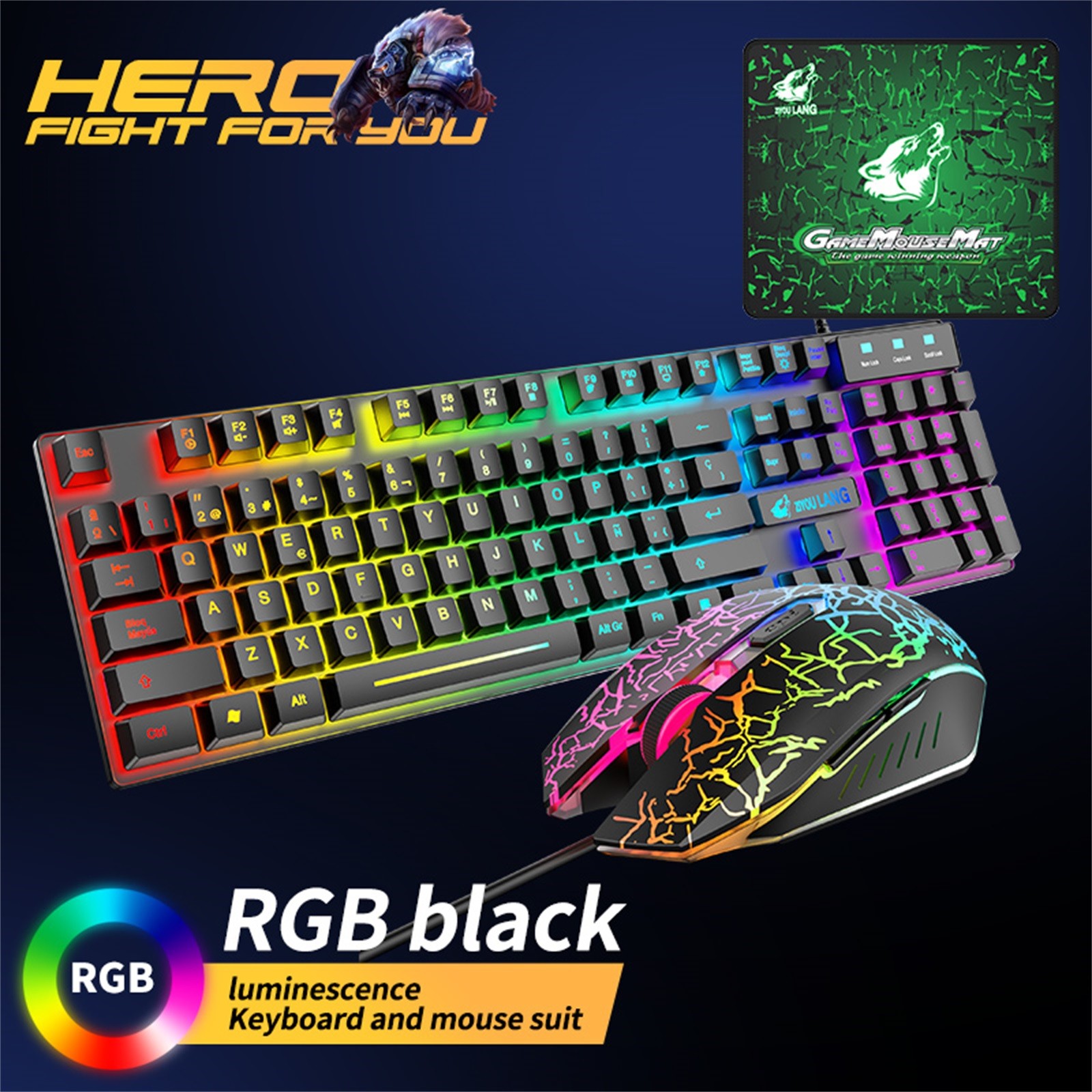 RGB Spanish Gaming Keyboard Computer Mouse Gamer Sets 104-key Backlit PC Keypad Wired Gaming Mouse For PC Laptop клавиатура: A RGB