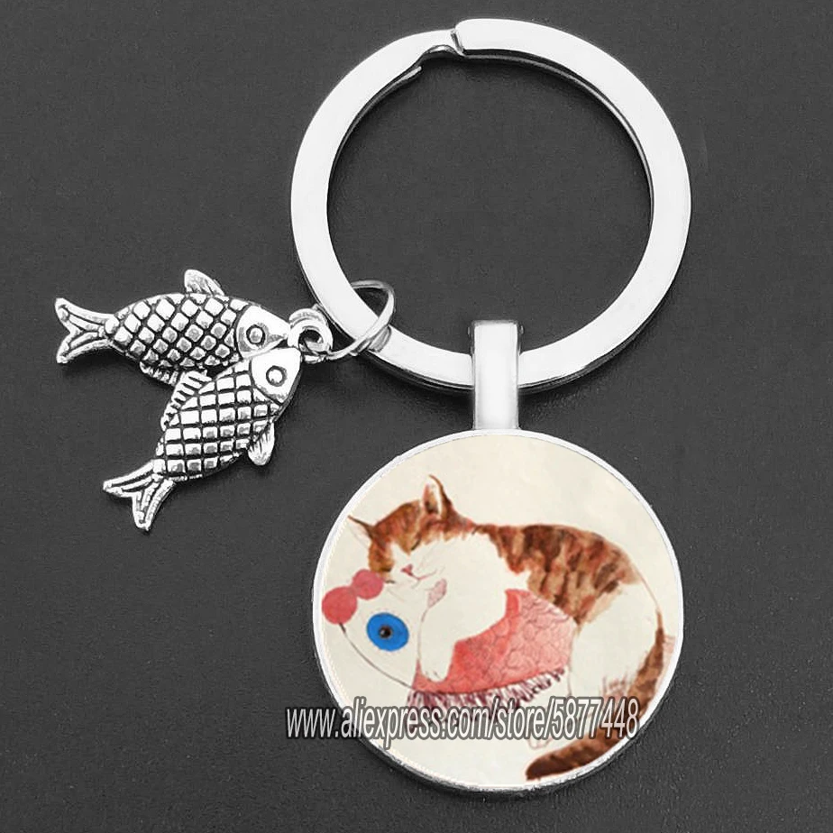 Ondeugende kat en vis glazen hanger sleutelhanger schattige kat die wil vis eten sleutelhangers voor vrouwen en schattig meisje: Paars