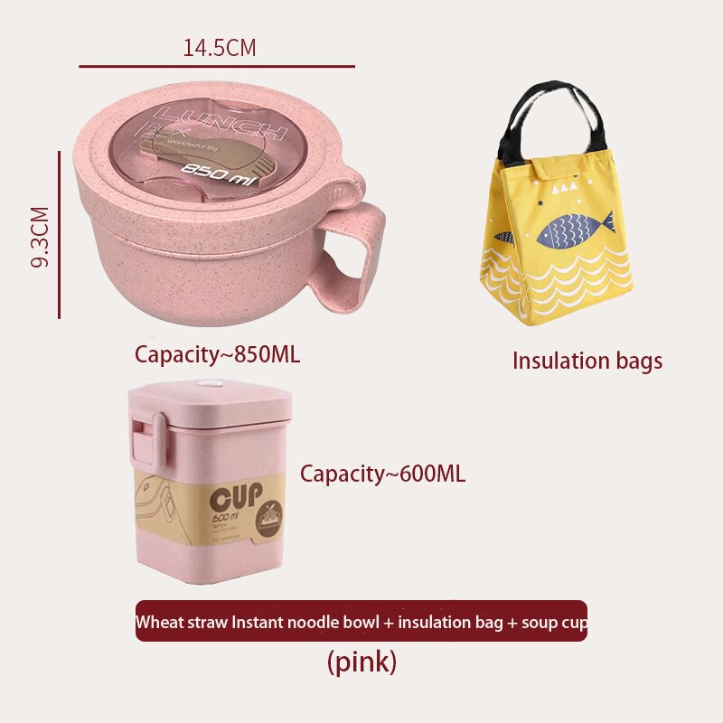 Vetehalm mikrovågsugn snabbnudelskål med lock sovsal japansk stil kontorsarbetare student ramen skål handtag servisset: 3- rosa set 850ml