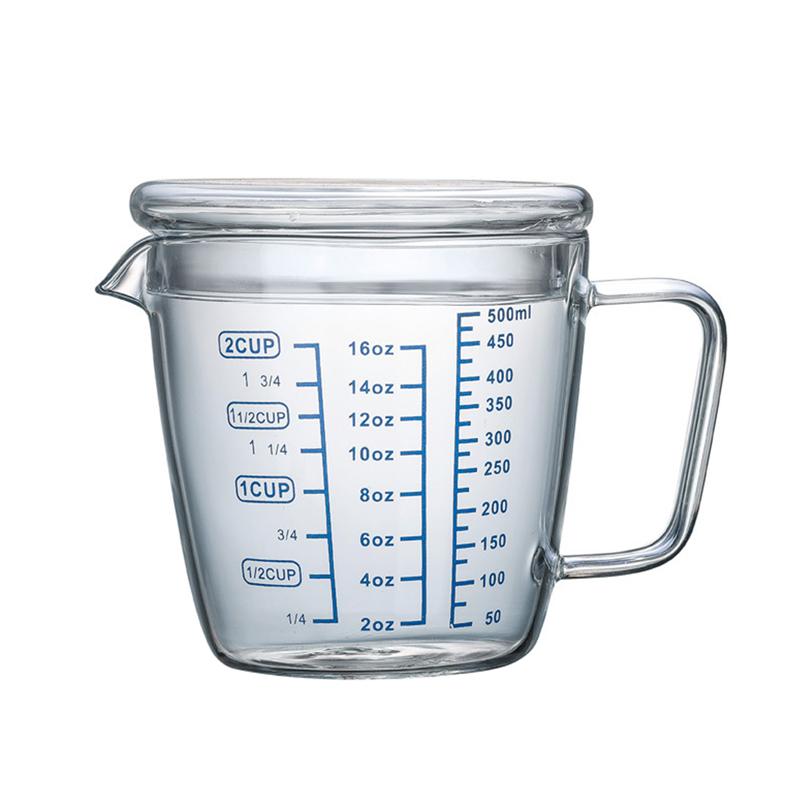 1PC Heat Resistant Glass Measuring Cup Children's Milk Cup Microwave Measuring Cup Transparent Scale Cup (500ml with Lid)