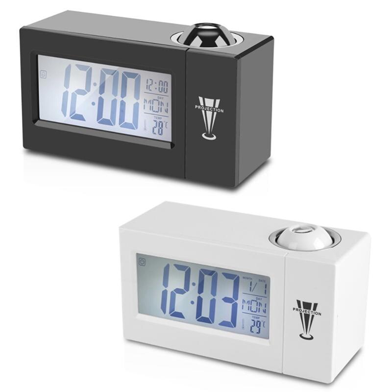 Lcd Screen Digital Led Projection Alarm Clock Calendar Temperature Humidity Wake Up Snooze Function Table Desk Clock Night Lig
