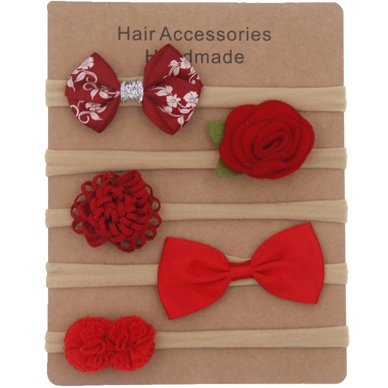 5 Pcs/Set Nylon Soft Baby Headband Pearl Flower Baby Girl Headbands Lace Bow Infant Kids Elastic Hair Band