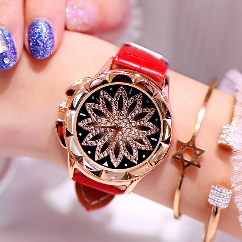 1PCs Rhinestone Women Quartz Watches Ladies Watch Leather Big Dial Crystal Diamond Flower Clock Bracelet Wrist Watch