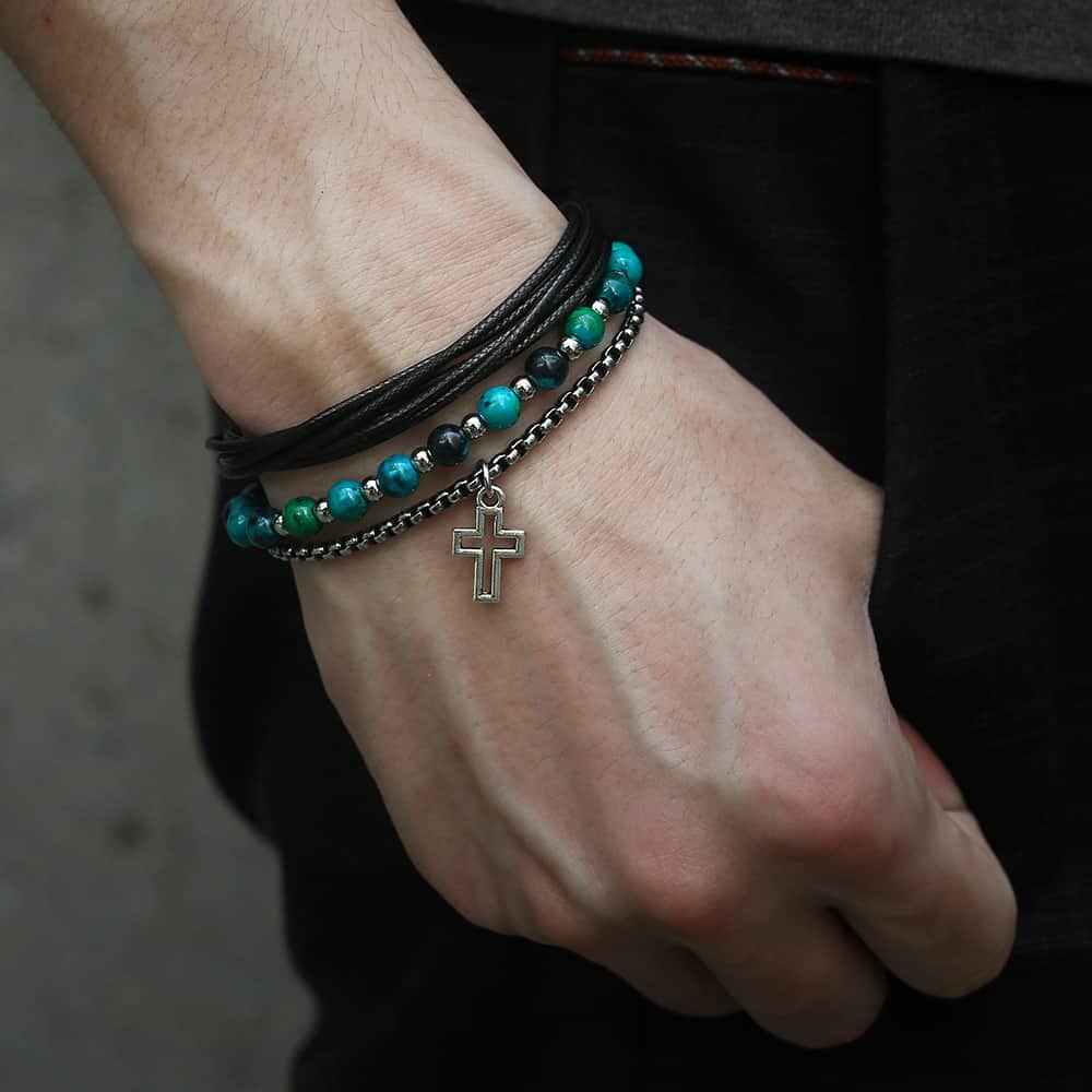 Trendsmax läderarmband för män pärlkedja rostfritt stål grönt kors charm box länk kedja herr smycken kdlb 72
