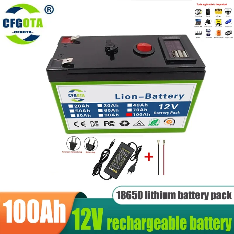 12 V Akku 100 Ah 18650 Lithium-Akku, wiederaufladbarer Akku für Solarenergie, Elektrofahrzeug-Akku + 12,6 V 3 A Ladegerät
