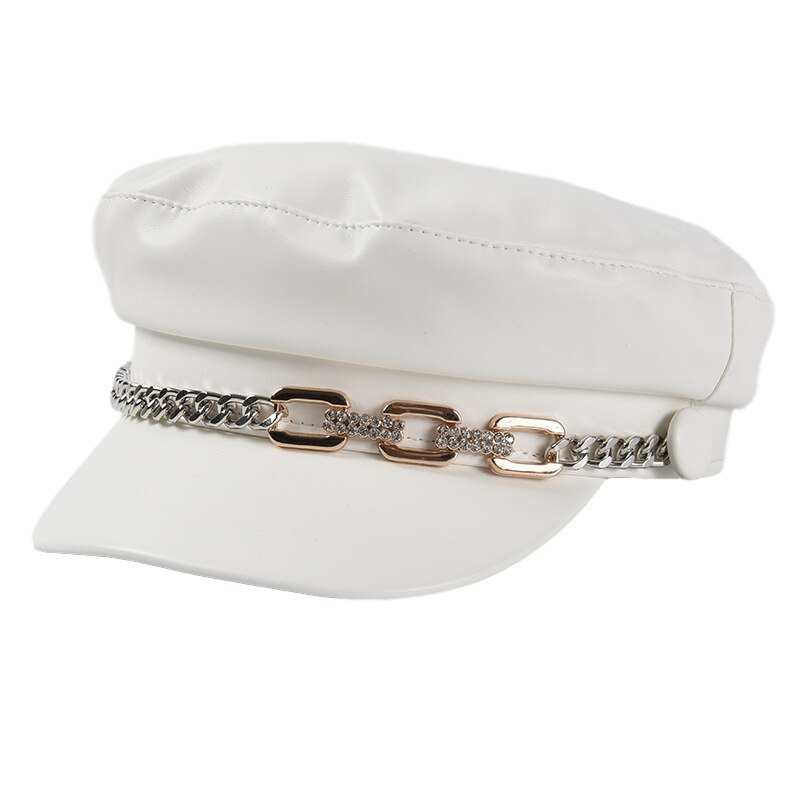 Hoed Vrouwen Herfst En Winter Koreaanse Stijl Pu Lederen Eendenbek Hoed Keten Mode Baret Stijl Winter Outdoor Cap: White